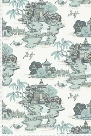 Meilleur Choix Papier peint Scène Chinoise Pagoda et Sampan vert céladon - Toiles de York (Initiales) Réf. INI-RT7904