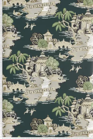 Papier peint Scène Chinoise Pagoda et Sampan vert mélèze doré - Toiles de York (Initiales) Réf. INI-RT7903 Achetez Aujourd'hui