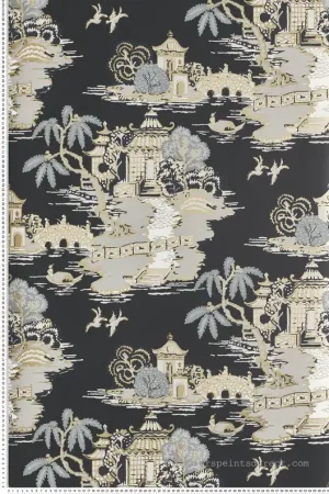 Promotion Papier peint Scène Chinoise Pagoda et Sampan noir doré - Toiles de York (Initiales) Réf. INI-RT7902
