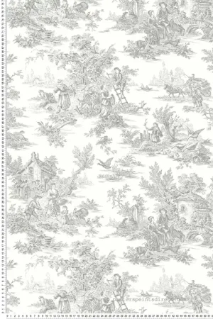 Papier peint Toile de Jouy Campagne gris acier - Toiles de York (Initiales) Réf. INI-RT7940 Remise