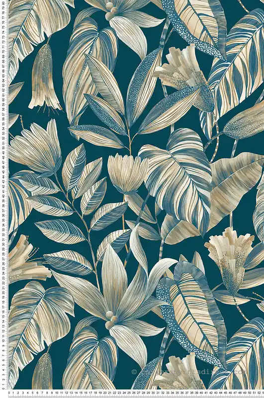Seulement Aujourd'hui Papier peint Feuillage Jungle bleu pétrole - Maya de Montecolino Réf. MC-BZ3104