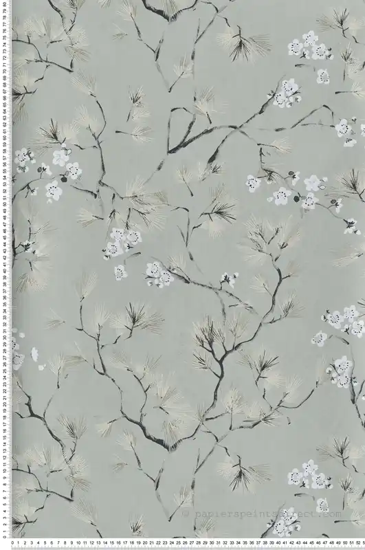 Soldes Papier peint Fleurs Japonaise Haru vert de gris doré - Kimono de Masureel Réf. MAS-KIM108