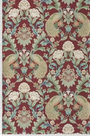 Papier peint Paon Floral Classique vert bordeaux - Arts & Crafts d‘Initiales Réf. INI-AC9106 Remise