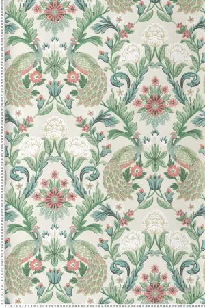Papier peint Paon Floral Classique rose vert lin - Arts & Crafts d‘Initiales Réf. INI-AC9104 Acheter En Ligne