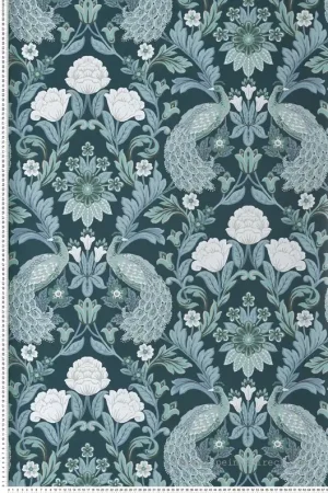 Papier peint Paon Floral Classique bleu paon - Arts & Crafts d‘Initiales Réf. INI-AC9103 Haute Qualité