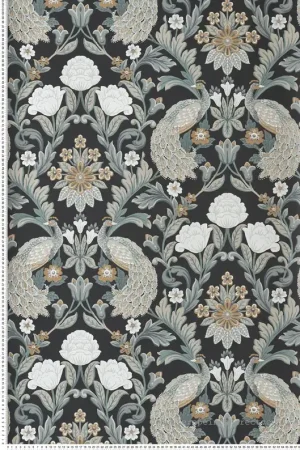 Papier peint Paon Floral Classique gris noir - Arts & Crafts d‘Initiales Réf. INI-AC9101 Expédition Rapide