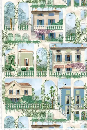Papier peint Village Villa Como bleu vert - Rhapsody d‘Osborne & Little Réf. OSB-W7813-02 Meilleur Prix