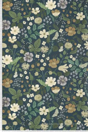 Papier peint Champs de Fraises Fleurs bleu paon vert - Rifle Paper Co. 2 de York (Initiales) Réf. INI-RP7359 Jusqu'à Épuisement Des Stocks