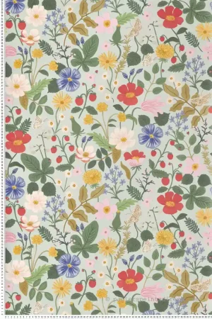 Papier peint Champs de Fraises Fleurs vert d‘eau - Rifle Paper Co. 2 de York (Initiales) Réf. INI-RP7356 Expédition Rapide