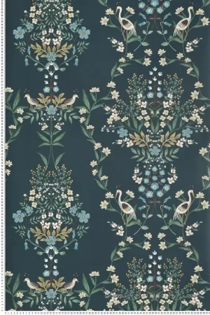 Papier peint Oiseau Grue Luxembourg bleu pétrole - Rifle Paper Co. 2 de York (Initiales) Réf. INI-RP7331 Soldes