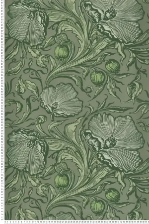 Papier peint Coquelicot Poppy Trail Sage Green - National Trust Papers 3 de Little Greene Réf. 0263PTSAGEG Vente Flash