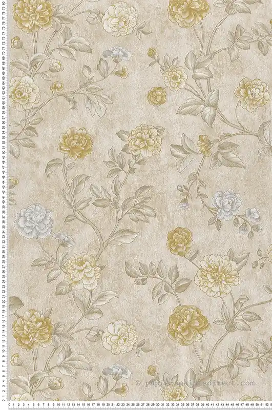Prix Réduit Papier peint Fleur Rose Vintage beige, jaune et irisé - Grand Classic de Montecolino Réf. MC-Z66803