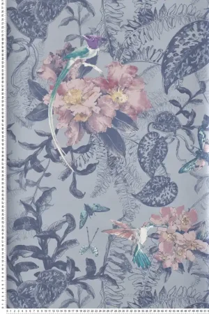 Promotion Papier peint Fleur et Colibri bleu irisé - Willow d‘Initiales Réf. INI-00814403