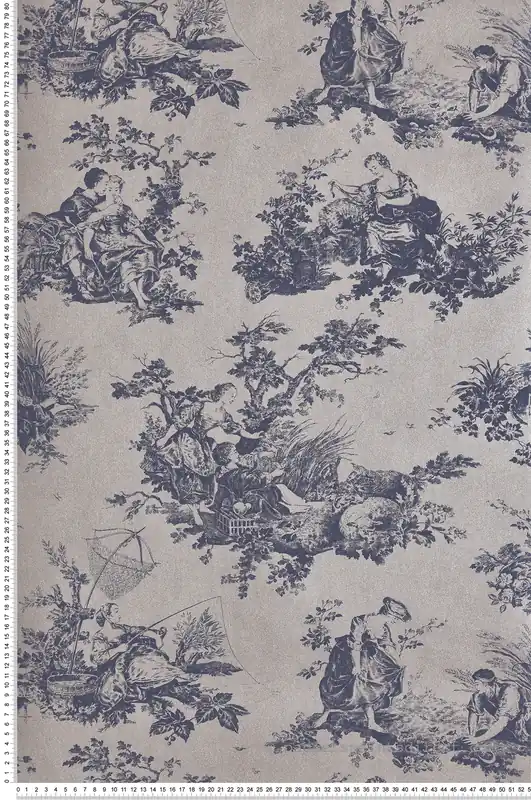 Authentique Papier peint Baroque Scène D‘Été Velours bleu et argenté - Les Belles Toiles De Jouy de Casadéco Réf. LBTJ87996706