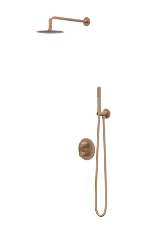 Achetez Aujourd'hui IVY Pact Ensemble de douche de tête - encastré - inverseur d’arrêt 2 voies - bras mural 40cm - douche de tête medium 25cm ronde - support avec sortie - flexible de douche 150cm - douchette à main bâton - cuivre brossé mat PVD