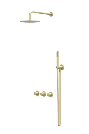 Acheter Direct IVY Bond Ensemble de douche à effet pluie - encastré - symmetry - 2 robinets d‘arrêt - bras de plafond 30 cm - douche de tête medium 20 cm - barre de douche avec sortie - flexible de douche 150 cm - douchette stick - Or brossé mat PVD