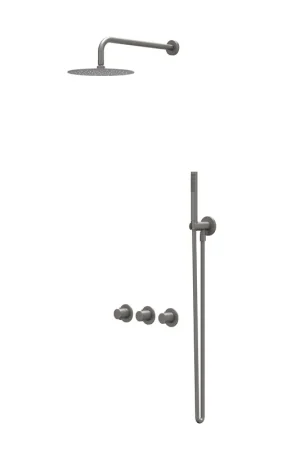 Affaire À Saisir IVY Bond Ensemble de douche de tête - encastré - symmetry - 2 robinets d’arrêt - bras de douche mural 40cm - douche de tête slim 25cm - support avec sortie - flexible de douche 150cm - douchette satin spray - Noir métal brossé PVD