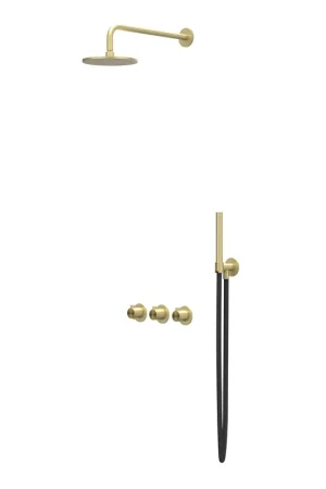 Achetez Aujourd'hui IVY Tribe Ensemble de douche de tête - encastré - symmetry - 2 robinets d‘arrêt - bras de plafond 20 cm - douche de tête medium 20 cm - support avec sortie - flexible de douche 150 cm - douchette à main bâton - AISI 316 - or brossé mat PVD