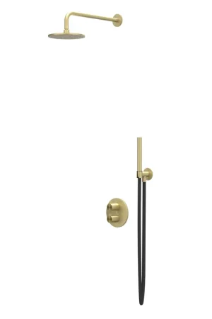 Affaire À Saisir IVY Tribe Ensemble de douche de tête - encastré - inverseur-arrêt 2 voies - bras de plafond 20 cm - douche de tête medium ronde 20 cm - barre de douche avec sortie - flexible de douche 150 cm - douchette à main bâton - RVS316 - or mat brossé PVD