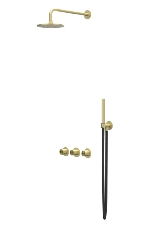 Vente Flash IVY Concord Ensemble de douche de tête - encastré - symmetry - 2 robinets d‘arrêt - bras de douche mural 40cm - douche de tête medium 25cm - support avec sortie - flexible de douche 150cm - douchette barre - RVS316 - or mat brossé PVD