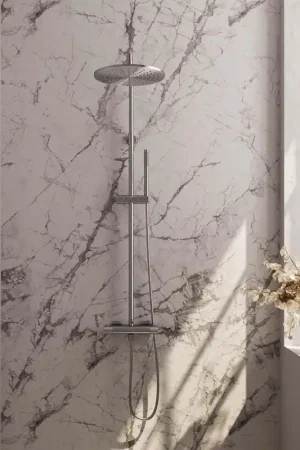 Achat Immédiat Brauer Brushed Carving Colonne de douche murale thermostatique avec pommeau rond 30cm et douchette Stylo 1 jet flexible lisse 150cm et barre de douche avec support douchette Inox brossé PVD