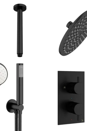 Achat Immédiat Douche pluie Crosswater MPRO 20 cm incluant mitigeur thermostatique encastré, bras plafond et douchette à main 3 positions en noir mat.