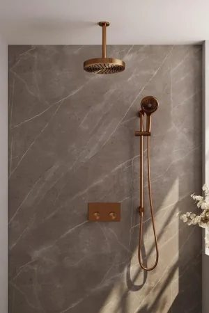 Acheter En Ligne BRAUER Stripe Douche de pluie thermostatique encastrée - boutons-poussoirs - pomme de douche 25cm - bras de plafond - douchette 3 positions - flexible de douche - barre coulissante intégrée - cuivre brossé PVD