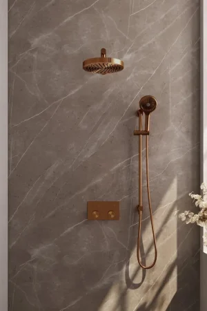 Acheter En Ligne BRAUER Stripe Douche de tête thermostatique encastrée - boutons-poussoirs - pomme de douche 25cm - bras mural droit - douchette 3 positions - flexible de douche - barre coulissante intégrée - cuivre brossé PVD