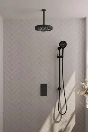 Acheter Direct BRAUER Stripe Douche de tête thermostatique encastrée - 3 voies - rectangulaire - SET 24 - pomme de douche 25cm - bras plafond - douchette 3 positions - flexible de douche - barre coulissante intégrée - noir mat