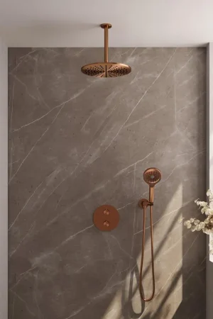 Achat Immédiat BRAUER Copper Edition douche de pluie encastrée thermostatique - 3 voies - ronde - set 84 - pomme de douche 30 cm - bras de plafond - douchette 3 jets - flexible de douche - coude de raccordement mural - cuivre brossé PVD