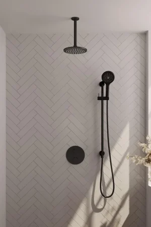 Acheter En Ligne BRAUER Black Edition douche thermostatique encastrée - 3 voies - rond - ensemble 95 - douche principale de 20 cm - bras plafond - douchette à main 3 positions - flexible de douche - colonne de douche intégrée - noir mat