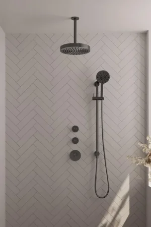 Achat Immédiat BRAUER Stripe Douche de tête thermostatique encastrée - SET 12 - pomme de douche 25cm - bras plafond - douchette 3 positions - flexible de douche - barre coulissante intégrée - PVD brossé gunmetal