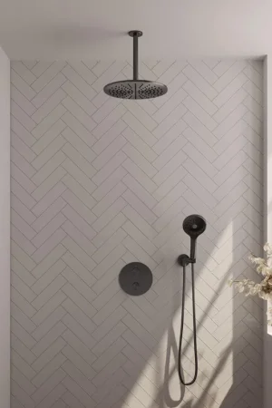Affaire À Saisir BRAUER Gunmetal Carving douche de pluie encastrée thermostatique - 3 voies - ronde - set 84 - pomme de douche 30cm - bras de plafond - douchette 3 jets - flexible de douche - coude de raccord mural - gunmetal brossé PVD