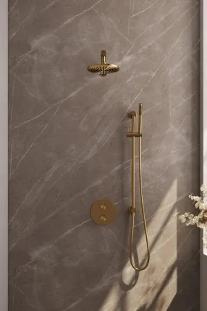 Achetez Aujourd'hui BRAUER Gold Edition douche thermostatique encastrée - 3 voies - rond - ensemble 85 - douche principale de 20 cm - bras mural droit - douchette à main - flexible de douche - barre de douche intégrée - or brossé PVD