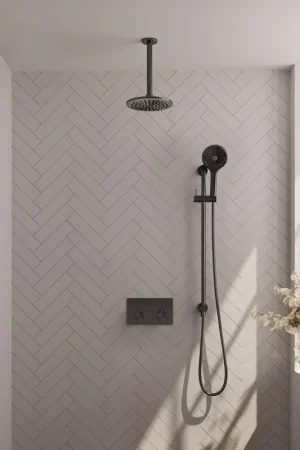 Affaire À Saisir BRAUER gunmetal Edition Douche de pluie thermostatique encastrée - boutons-poussoirs - SET 71 - douche de tête 20 cm - bras de plafond - douchette 3 jets - flexible de douche - barre de douche intégrée - gunmetal brossé PVD