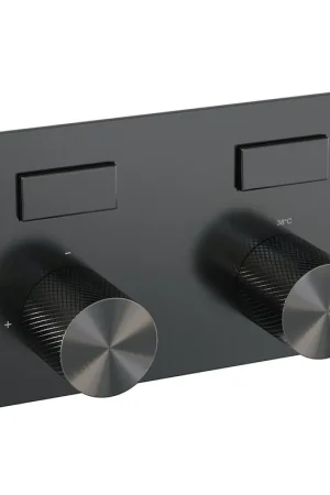 Acheter Direct BRAUER gunmetal Carving Douche de pluie thermostatique encastrée - boutons-poussoirs - SET 64 - pomme de douche 30 cm - bras mural courbé - douchette barre - flexible de douche - barre de douche intégrée - gunmetal brossé PVD