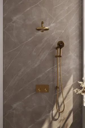 Vente Flash BRAUER Gold Edition Douche de pluie thermostatique encastrée - boutons-poussoirs - SET 67 - pomme de douche 20cm - bras mural droit - douchette 3 jets - flexible de douche - barre de douche intégrée - or brossé PVD