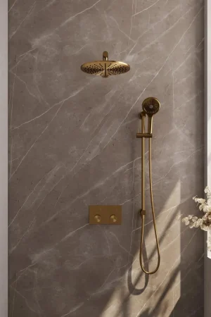 Achat Immédiat BRAUER Gold Carving Douche de tête thermostatique encastrée - boutons poussoirs - SET 68 - douche de tête 30cm - bras mural droit - douchette 3 jets - flexible de douche - barre de douche intégrée - or brossé PVD