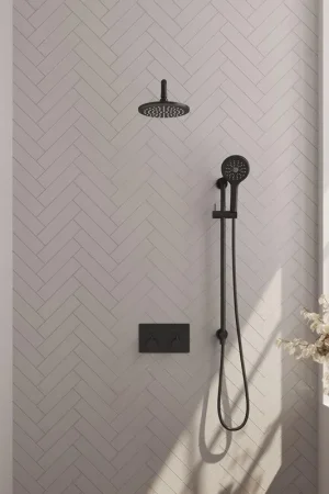 Acheter Direct BRAUER Black Edition Douche de tête thermostatique encastrée - boutons-poussoirs - SET 69 - pomme de douche 20 cm - bras mural courbé - douchette 3 jets - flexible de douche - barre de douche intégrée - noir mat