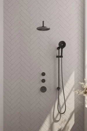 Acheter Direct Brauer Gunmetal Edition Ensemble de douche pluie encastré - douche principale 20cm - bras mural - glissière - avec partie encastrable - boutons lisses - douchette ronde 1 fonction - PVD - gunmetal brossé
