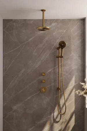 Achetez Aujourd'hui Brauer Gold Edition Ensemble de douche pluie encastré - douche principale 20cm - bras plafond 20cm - 3 boutons lisses - douchette ronde 3 positions - PVD - or brossé