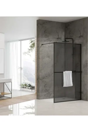 Affaire À Saisir Van Rijn Products ST04 Paroi fixe - 119,5x200cm - verre fumé - épaisseur 8mm - incl. barre de stabilisation - incl. porte-serviettes - noir mat