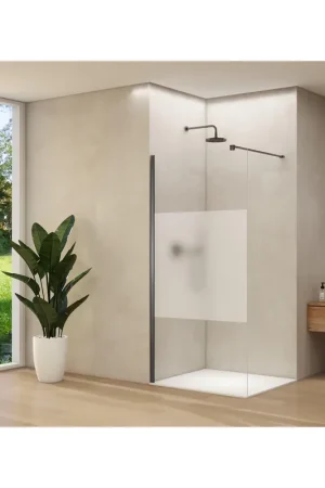 Acheter En Ligne Van Rijn Products ST01 paroi fixe - 60x200cm - verre clair avec bande satinée - - épaisseur 8mm - barre de stabilisation - profil mural - Gunmetal brossé