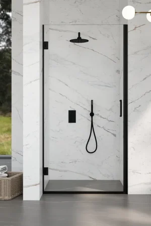 Achat Immédiat Fortifura Galeria Porte de douche - 80x200cm - charnières - poignée - plat - verre de sécurité clair - Noir mat