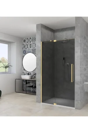 Affaire À Saisir Van Rijn Products ST08 Porte pivotante pour niche - 140x200cm - verre fumé gris - épaisseur 8mm - 2 parties - profil mural - barre de stabilisation - Laiton