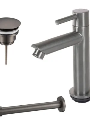 Acheter En Ligne Fortifura Calvi - Ensemble lave-mains avec robinet bas à poser, bonde non obturable et siphon design en finition gunmetal brossé PVD