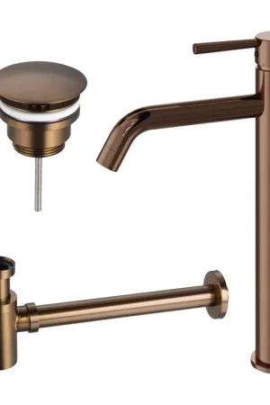 Acheter En Ligne Fortifura Calvi Ensemble de robinet lavabo - rehaussé - bonde non-obturable - siphon bas design - Cuivre