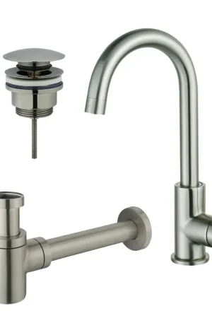 Achat Immédiat Fortifura Calvi Kit robinet lavabo - robinet haut - bec rotatif - bonde clic clac - siphon design bas - Inox brossé PVD