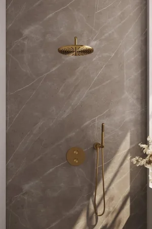 Acheter Direct BRAUER Gold Edition douche de pluie encastrée thermostatique - 3 voies - rond - set 76 - tête de douche 30cm - bras mural courbé - douchette barre - flexible de douche - coude d‘alimentation mural - or brossé PVD