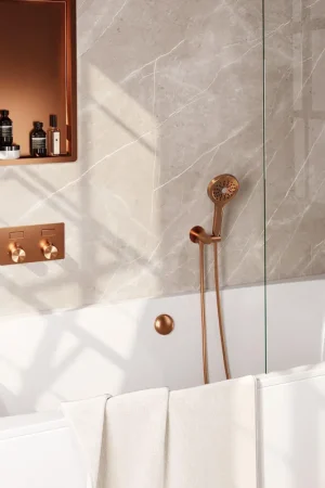 Acheter Direct Brauer Copper Edition set de boutons poussoirs thermostatiques encastrés pour baignoire 04 combinaison de remplissage de baignoire 3 positions douche à main tuyau de douche raccord mural coude cuivre brossé pvd